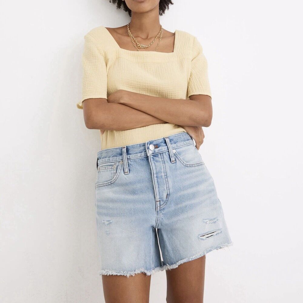 Madewell Denim Shorts Selton Wash Distressed Raw Hem Size 24